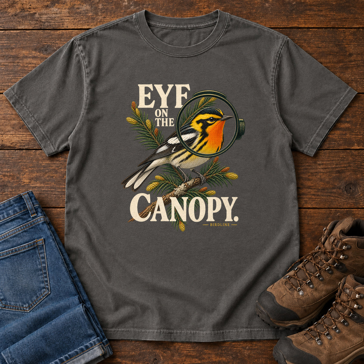 Eye on the Canopy Warbler T-Shirt in Pepper