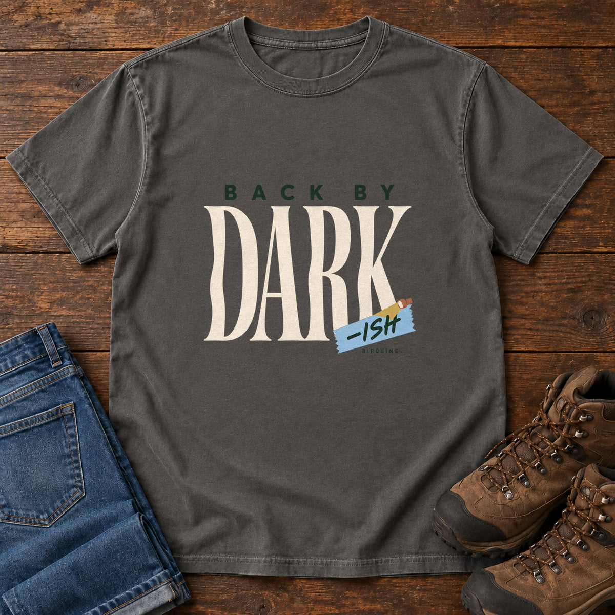 Pepper Back by Dark-ish T-Shirt with tall cream Dark lettering and a small blue -ish label, front flat lay on wood.