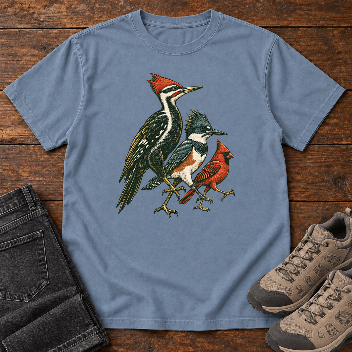 Woodpecker, Blue Jay & Cardinal T-Shirt in Blue Jean