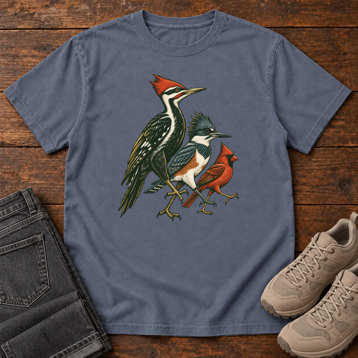 Woodpecker, Blue Jay & Cardinal T-Shirt in Denim