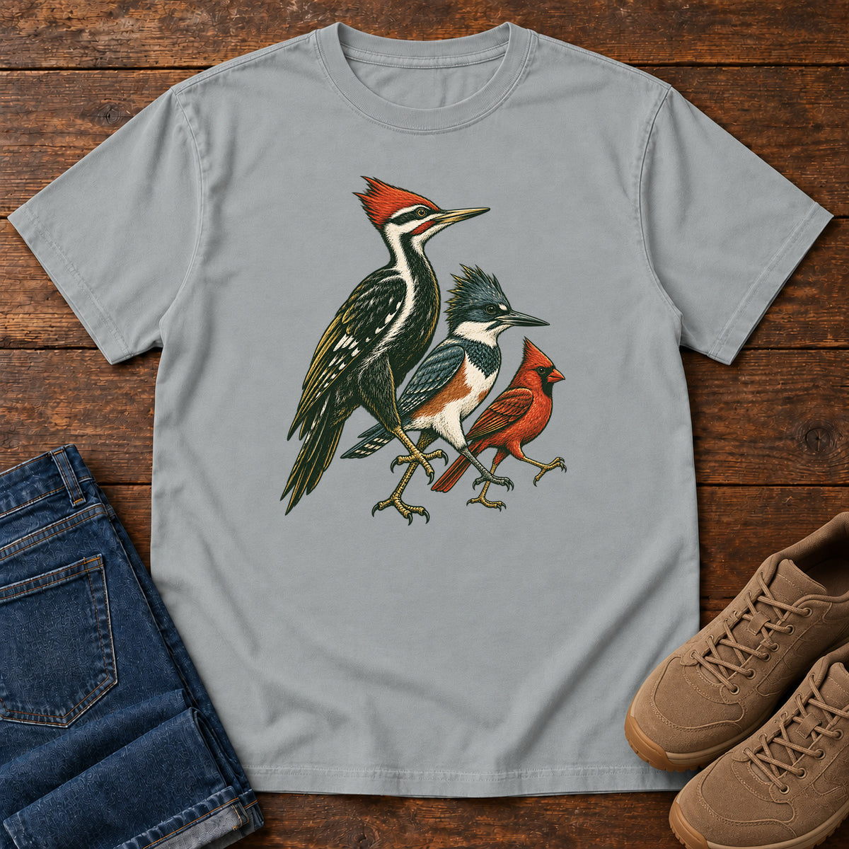 Woodpecker, Blue Jay & Cardinal T-Shirt in Granite