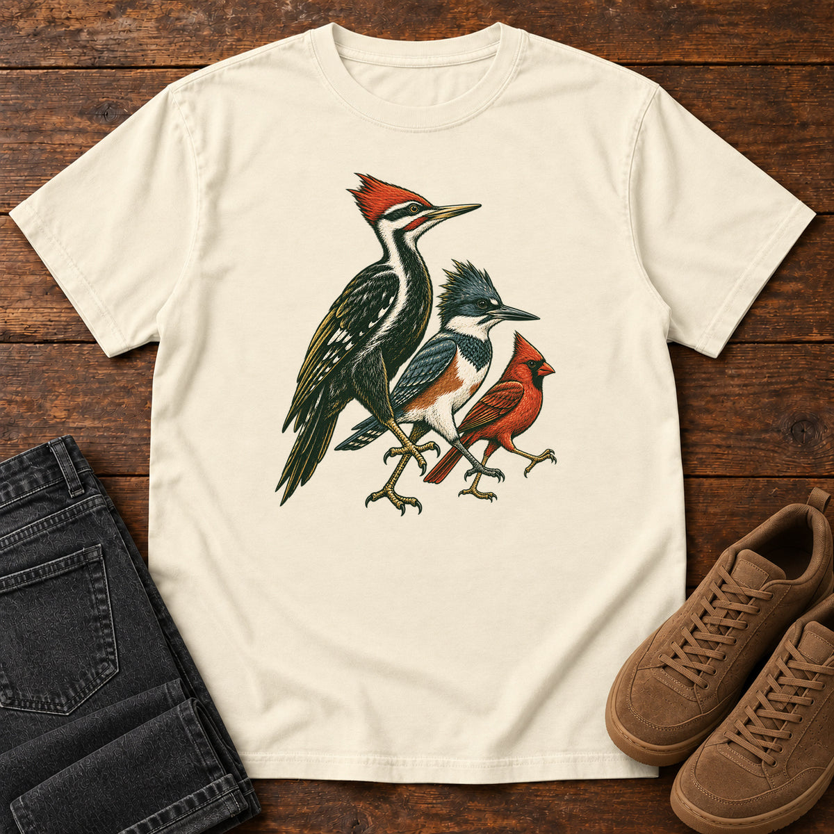 Woodpecker, Blue Jay & Cardinal T-Shirt in Ivory
