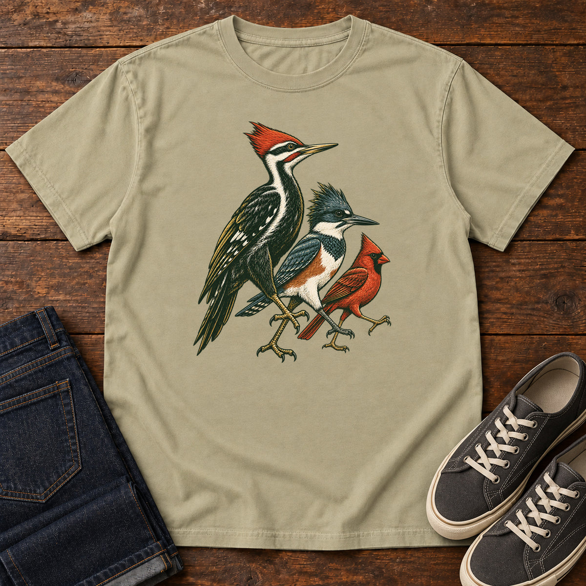 Woodpecker, Blue Jay & Cardinal T-Shirt in Khaki