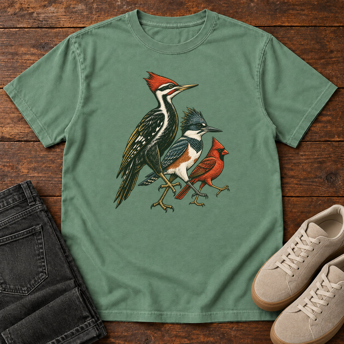 Woodpecker, Blue Jay & Cardinal T-Shirt in Light Green