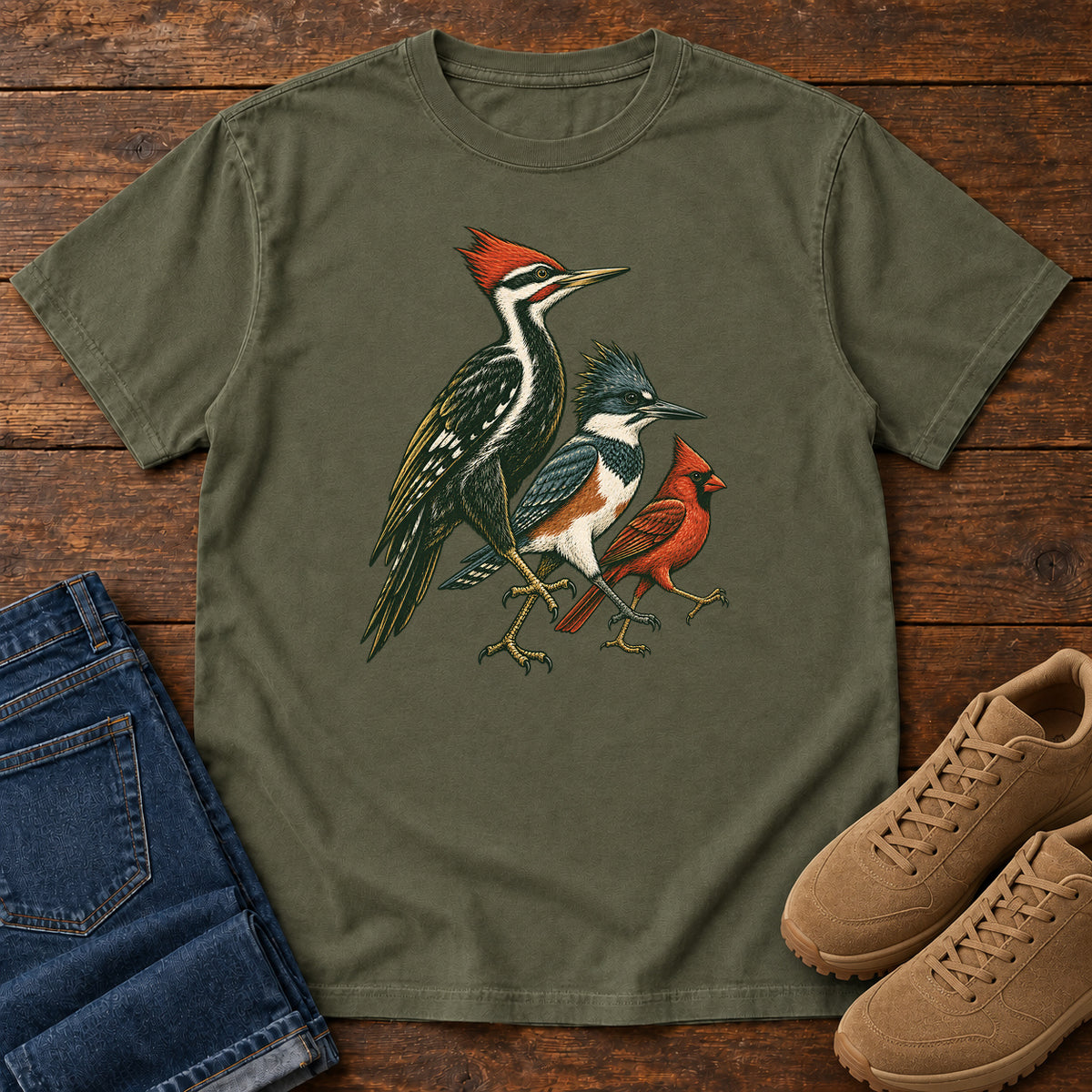 Woodpecker, Blue Jay & Cardinal T-Shirt in Sage