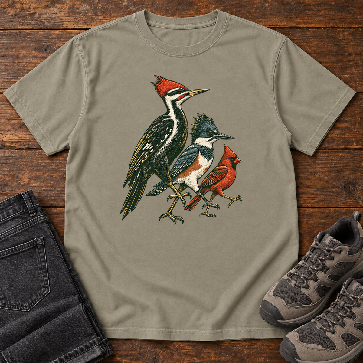 Woodpecker, Blue Jay & Cardinal T-Shirt in Sandstone