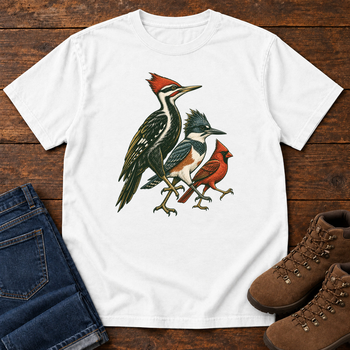 Woodpecker, Blue Jay & Cardinal T-Shirt in White