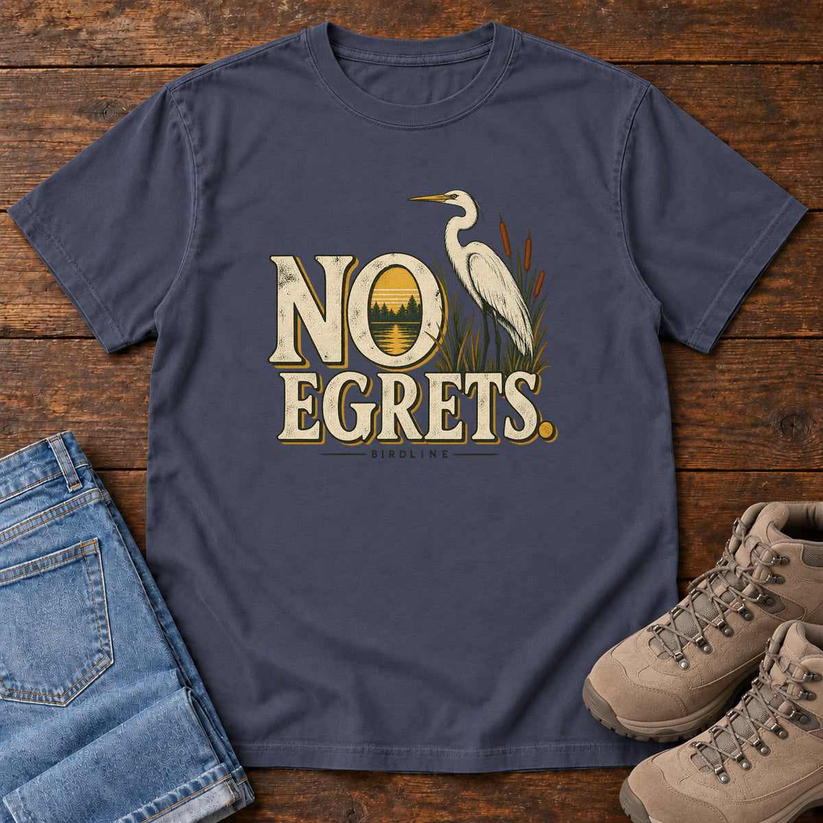 Navy No Egrets. T-Shirt with a white long-necked wading bird beside reeds and lettering framing a sunset; front flat lay on wood.