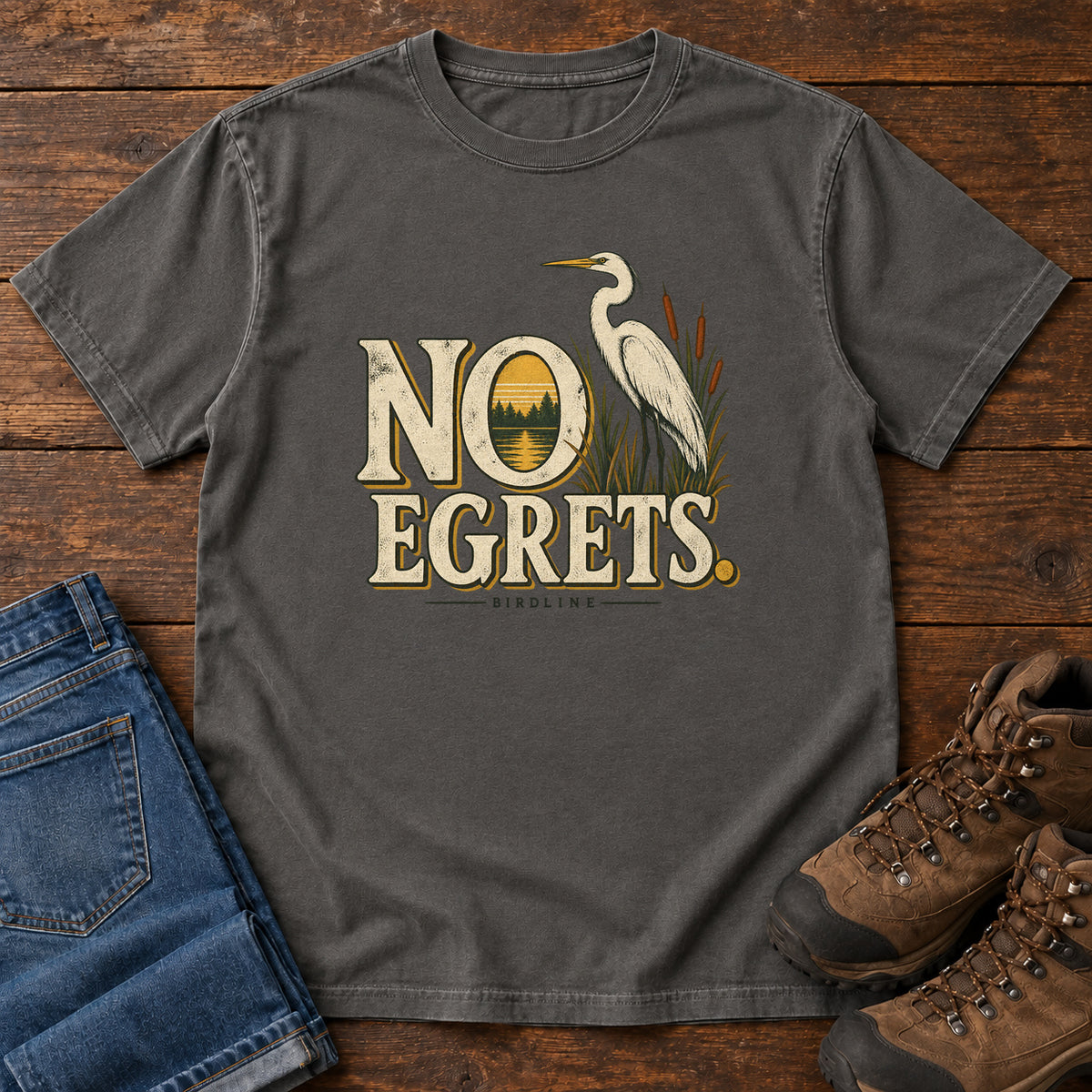 Pepper No Egrets. T-Shirt with a white long-necked wading bird beside reeds and lettering framing a sunset; front flat lay on wood.