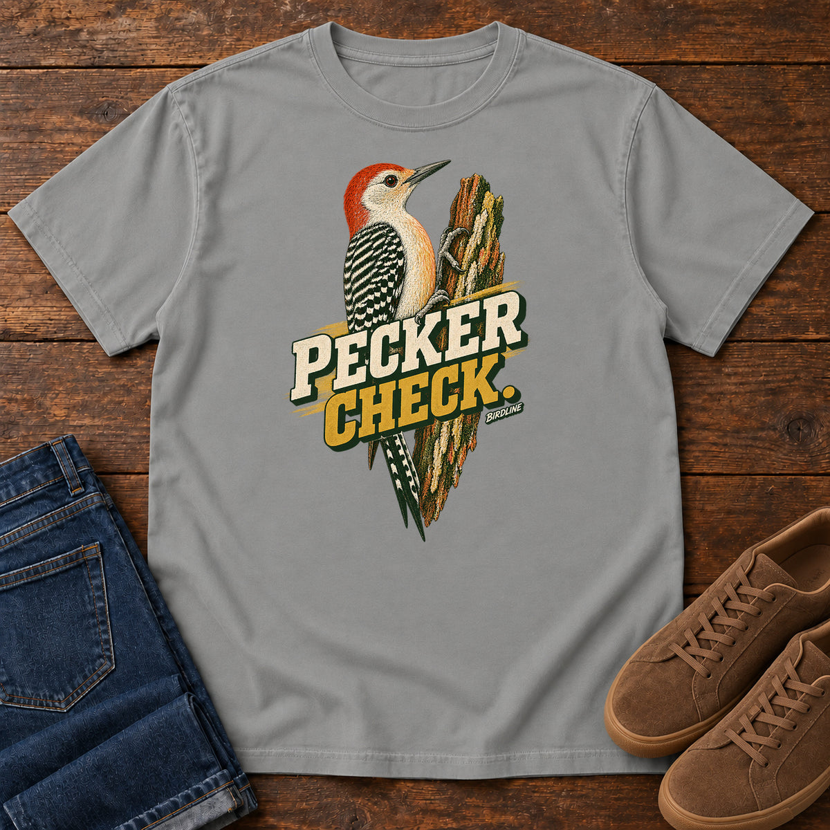 Pecker Check Woodpecker T-Shirt in Grey