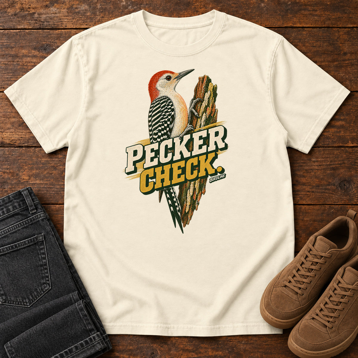 Pecker Check Woodpecker T-Shirt in Ivory