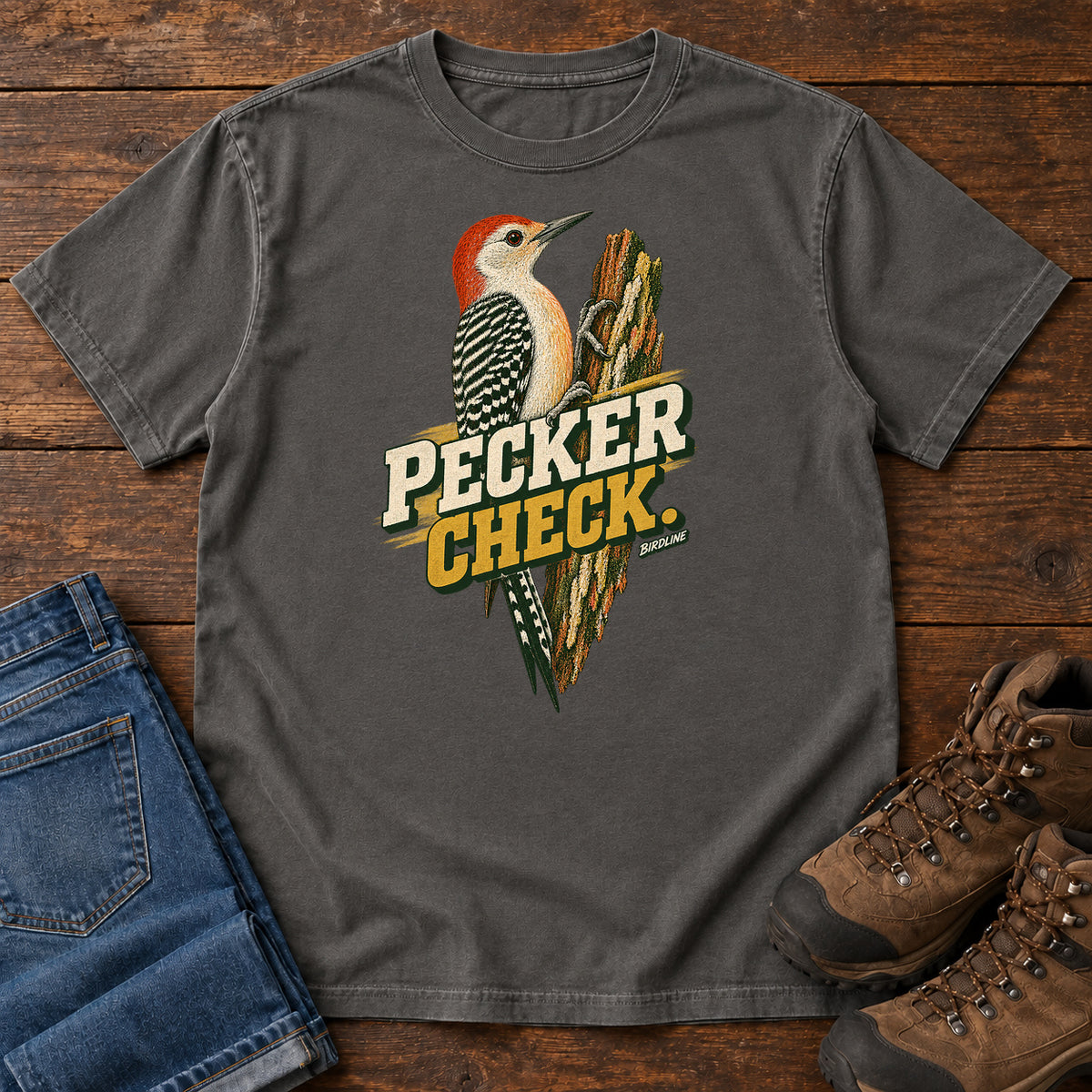 Pecker Check Woodpecker T-Shirt in Pepper