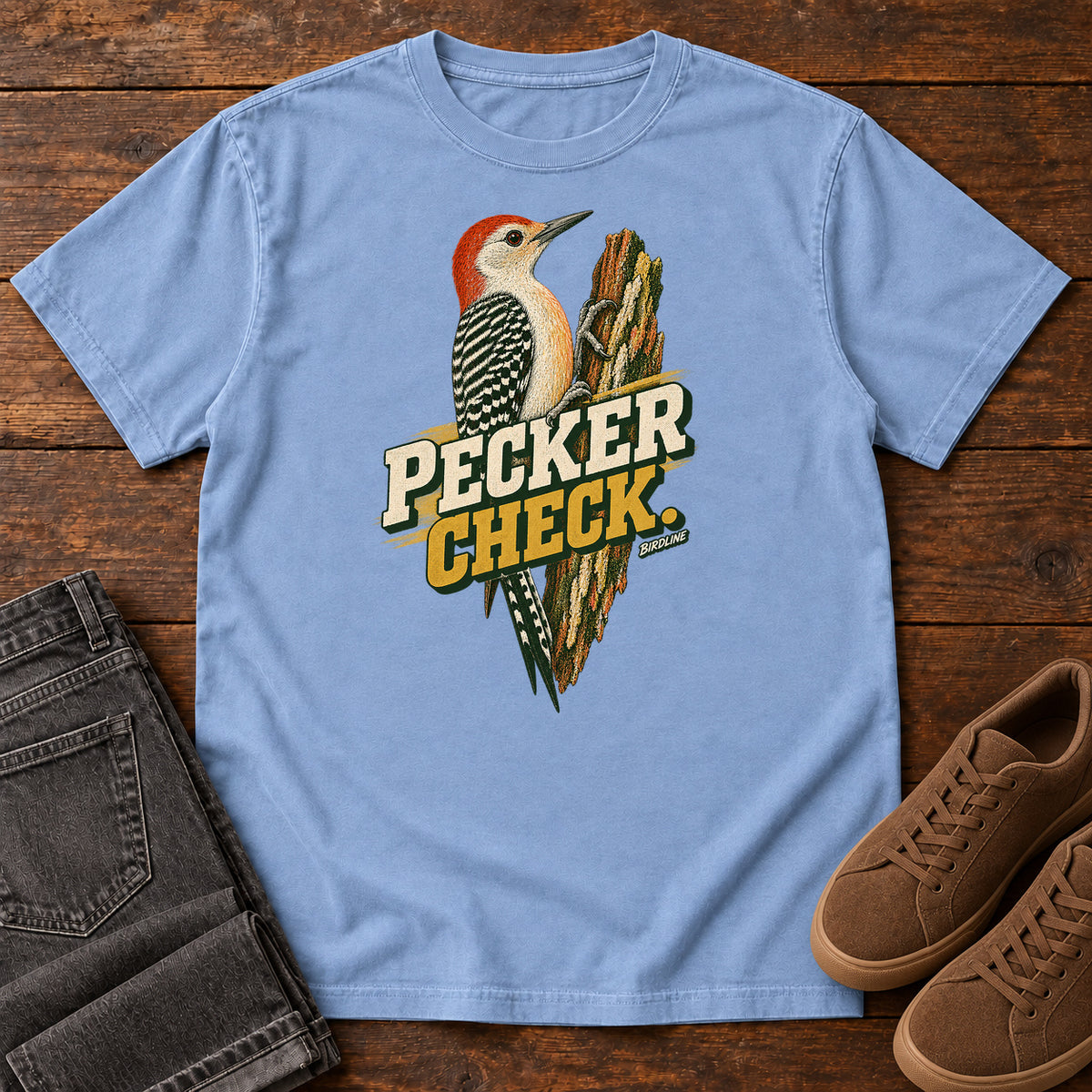 Pecker Check Woodpecker T-Shirt in Washed Denim
