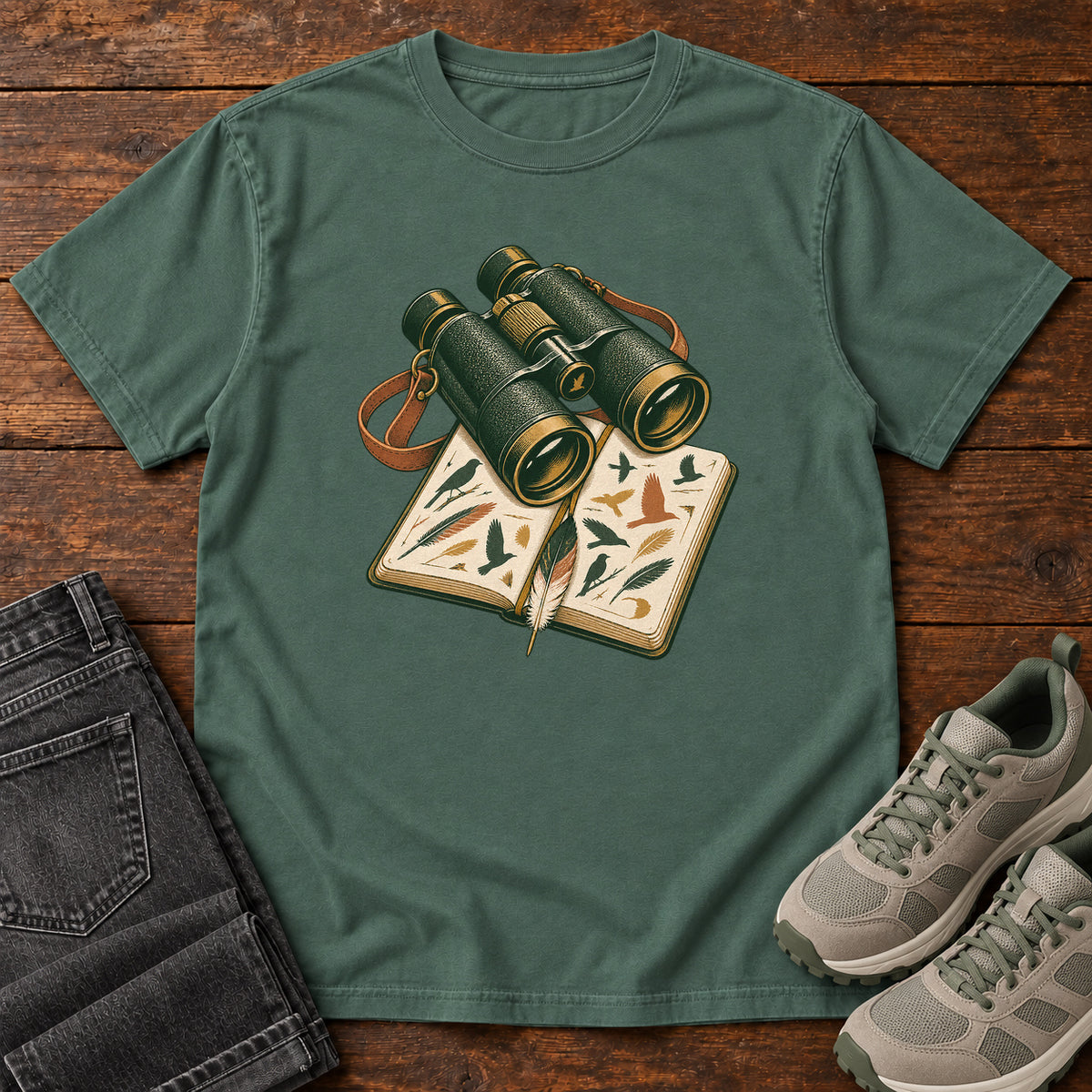 Binoculars & Field Guide T-Shirt in Blue Spruce
