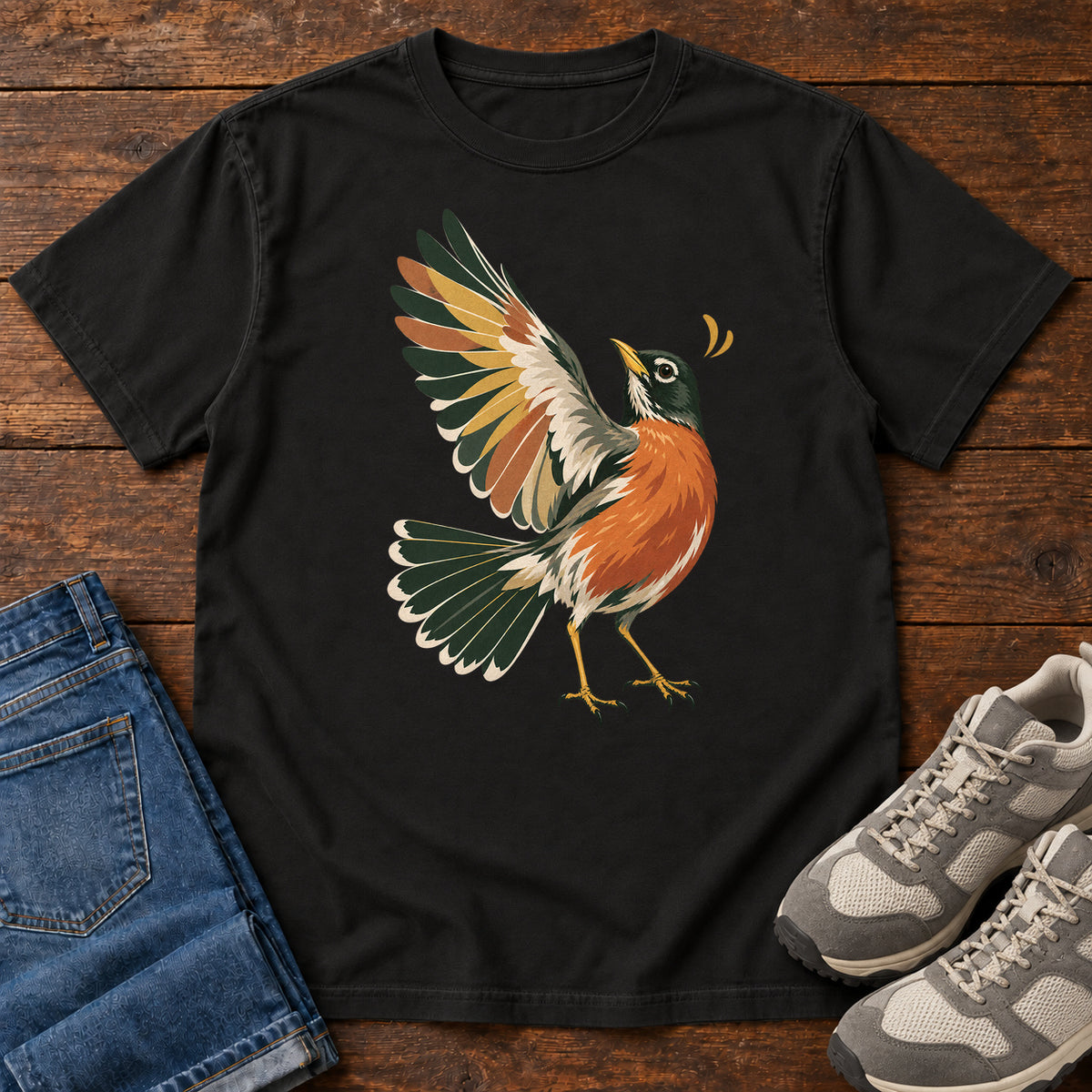 Robin in Flight T-Shirt in Black