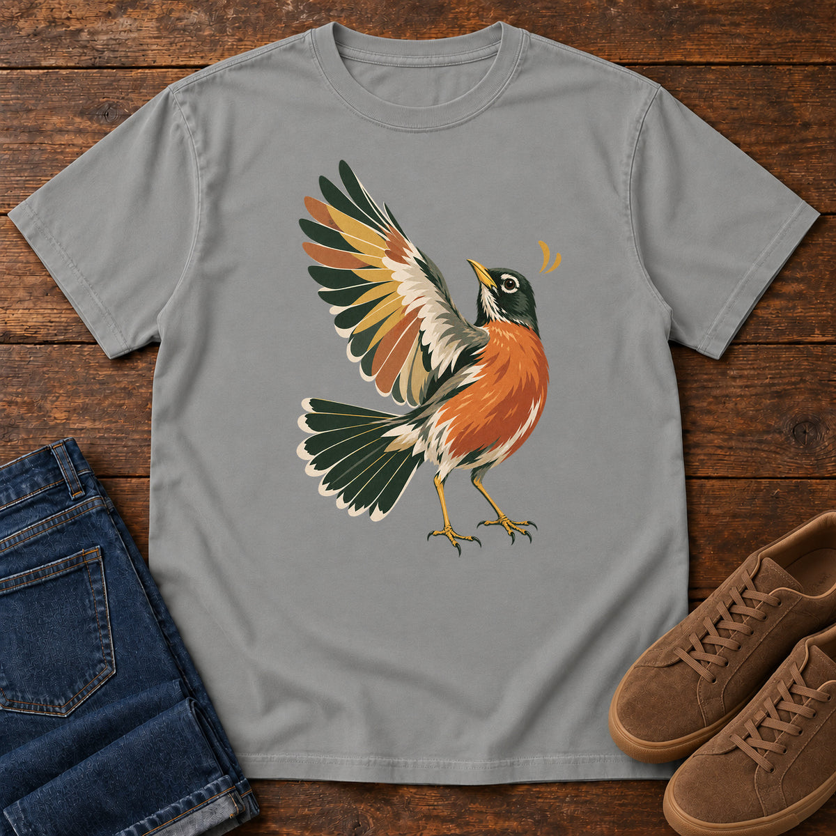 Robin in Flight T-Shirt in Grey