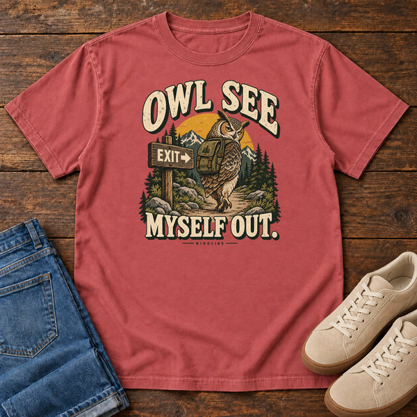 Owl See Myself Out T-Shirt in Crimson, front view