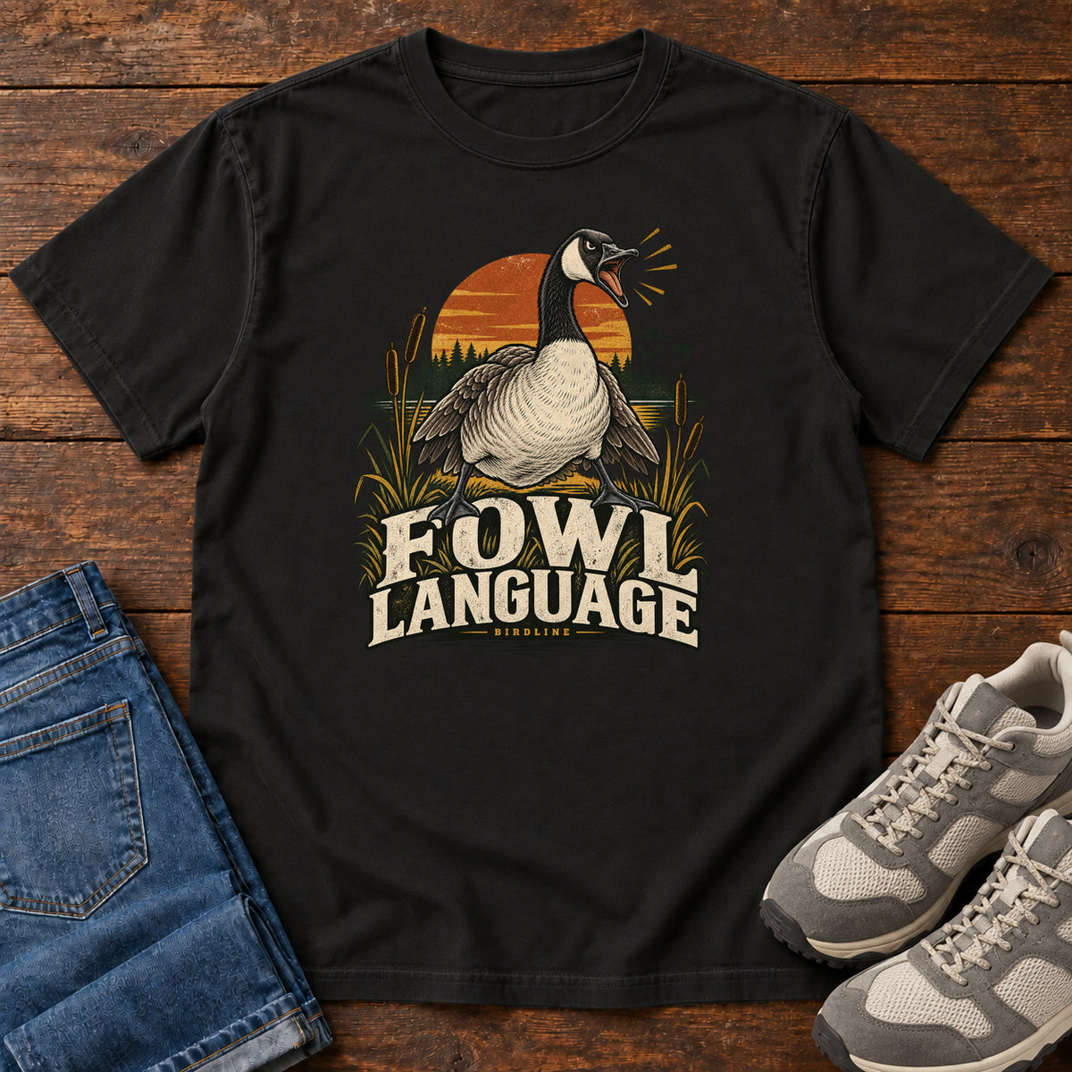 Black Fowl Language T-Shirt with an open-beaked goose among reeds against an orange sunset; front flat lay on wood.