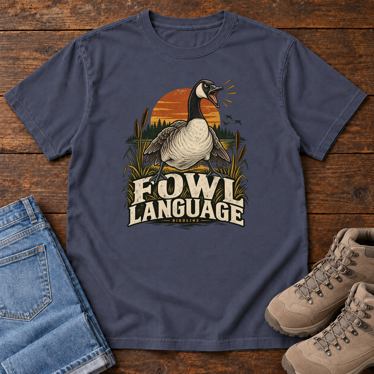Navy Fowl Language T-Shirt with an open-beaked goose among reeds against an orange sunset; front flat lay on wood.