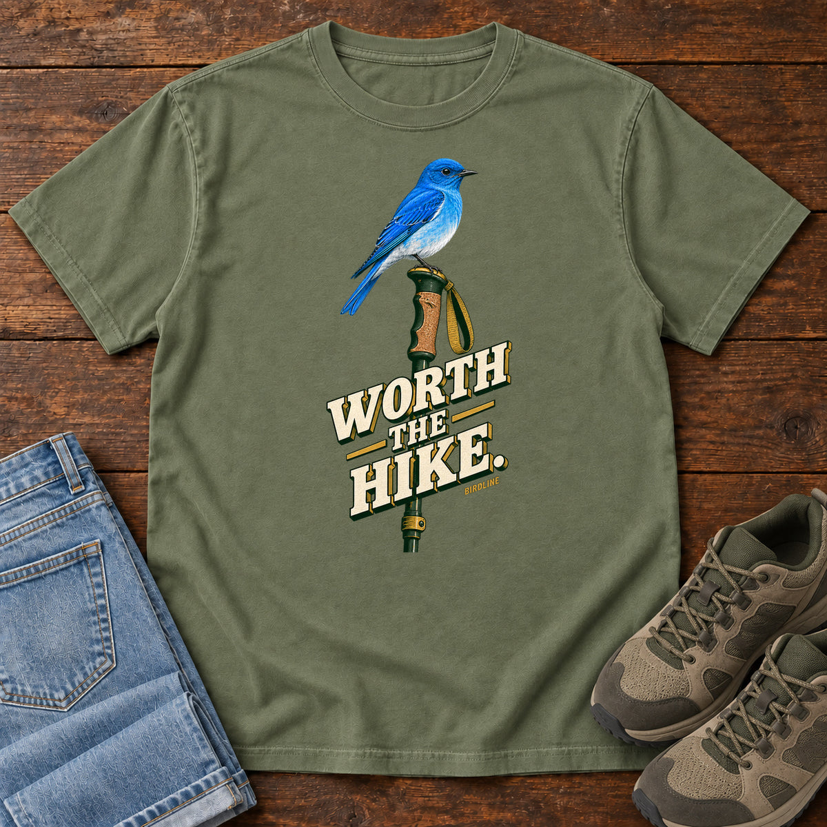 Worth the Hike Bluebird T-Shirt in Moss