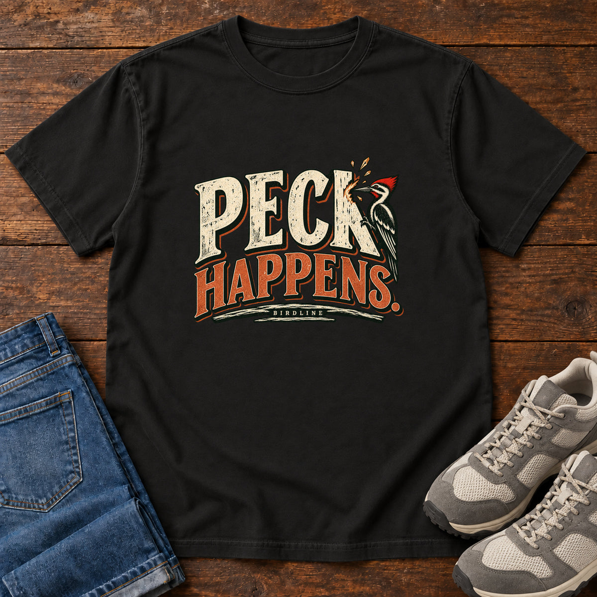 Black Peck Happens. T-Shirt with a red-crested bird pecking at cream and orange slogan lettering; front flat lay on wood.