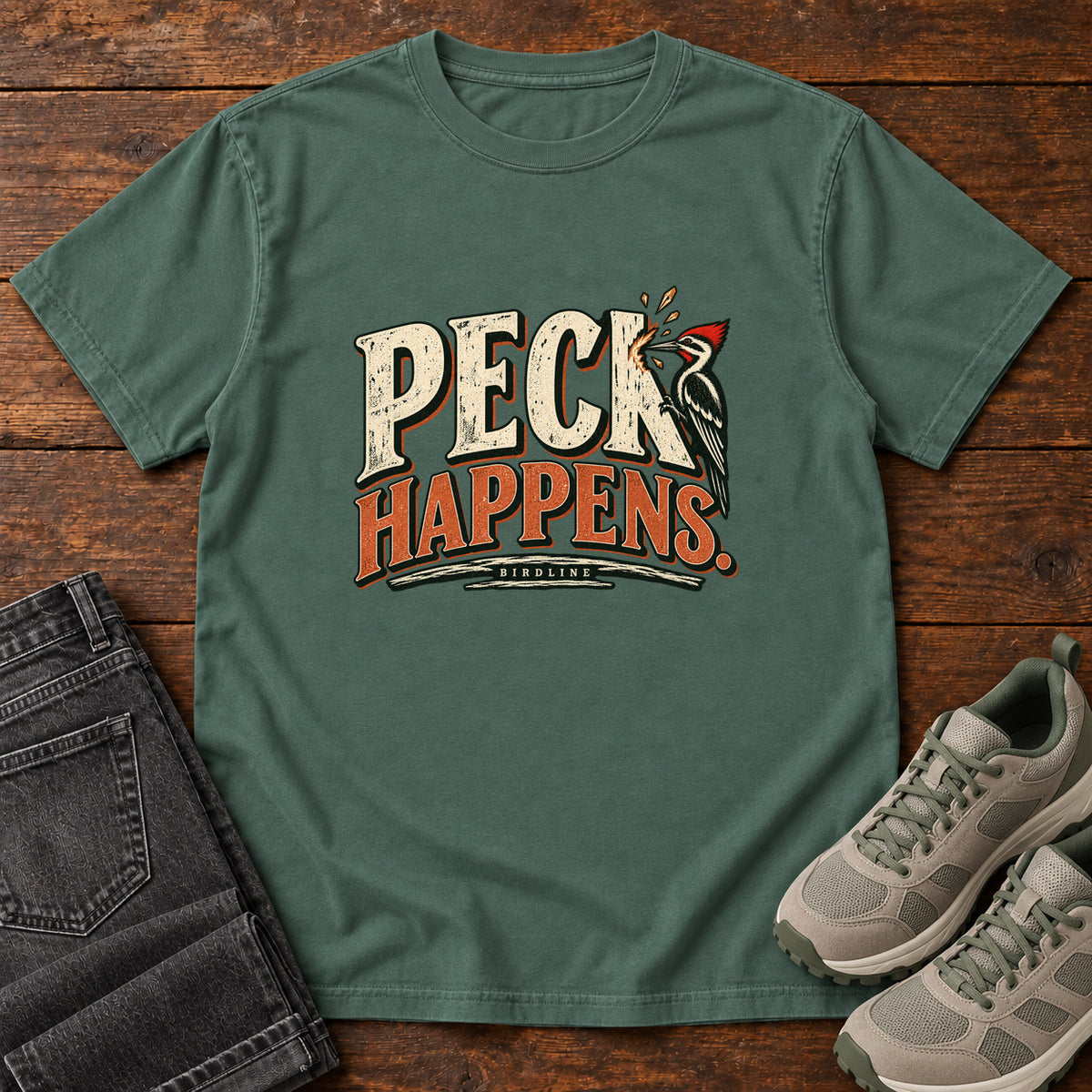 Blue Spruce Peck Happens. T-Shirt with a red-crested bird pecking at cream and orange slogan lettering; front flat lay on wood.