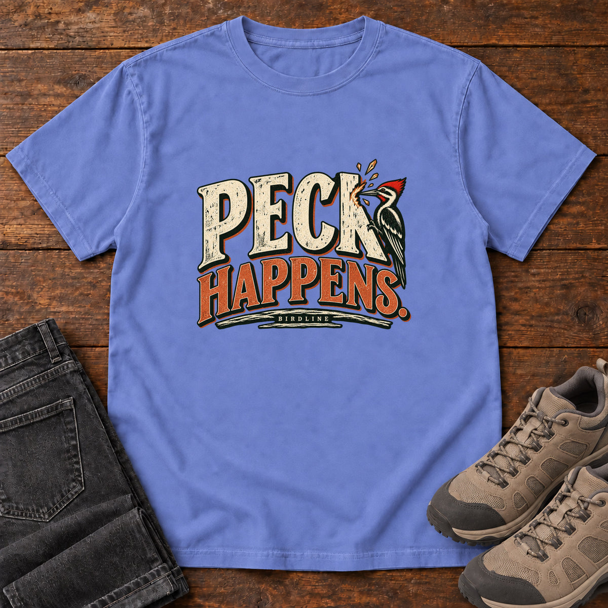 Flo Blue Peck Happens. T-Shirt with a red-crested bird pecking at cream and orange slogan lettering; front flat lay on wood.