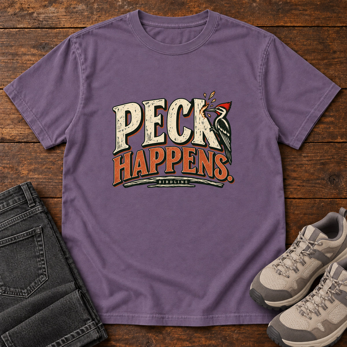 Grape Peck Happens. T-Shirt with a red-crested bird pecking at cream and orange slogan lettering; front flat lay on wood.