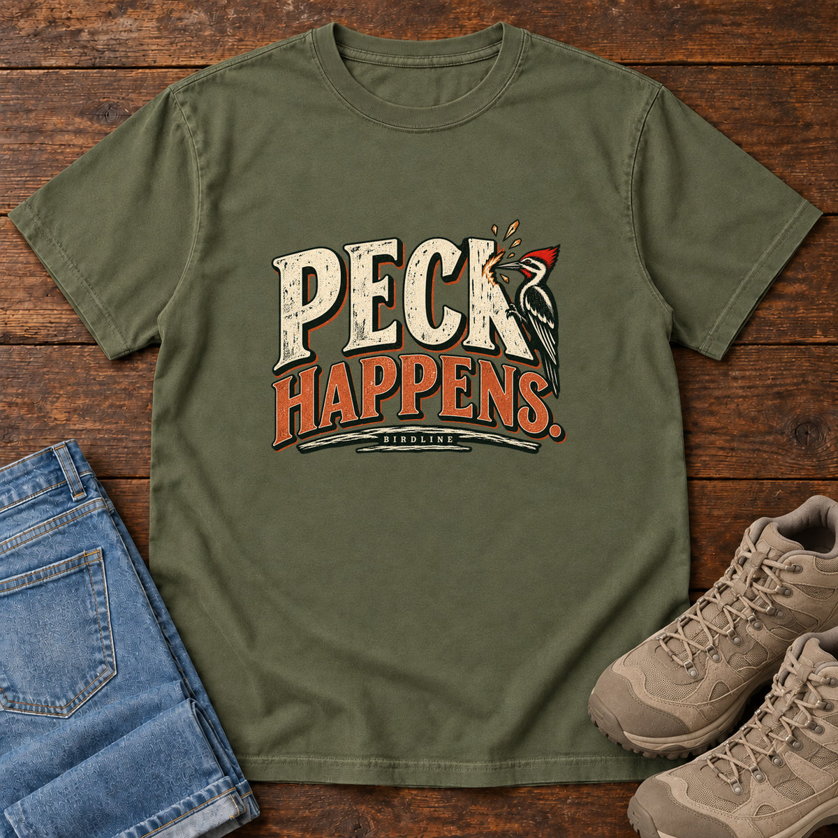 Hemp Peck Happens. T-Shirt with a red-crested bird pecking at cream and orange slogan lettering; front flat lay on wood.