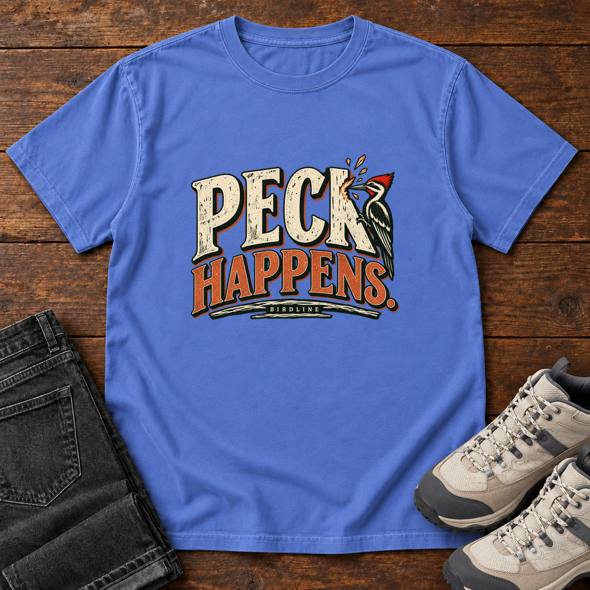 Mystic Blue Peck Happens. T-Shirt with a red-crested bird pecking at cream and orange slogan lettering; front flat lay on wood.