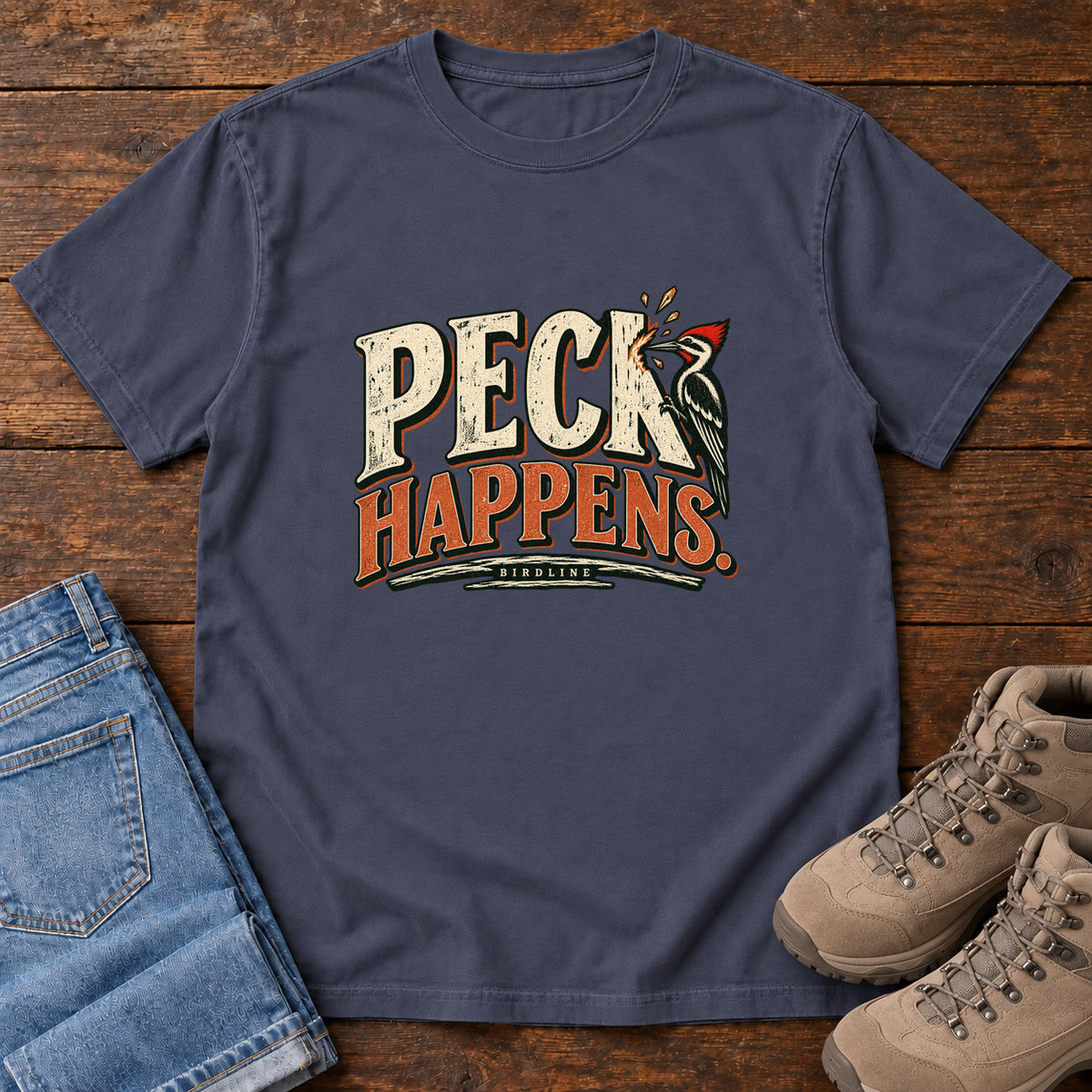 Navy Peck Happens. T-Shirt with a red-crested bird pecking at cream and orange slogan lettering; front flat lay on wood.