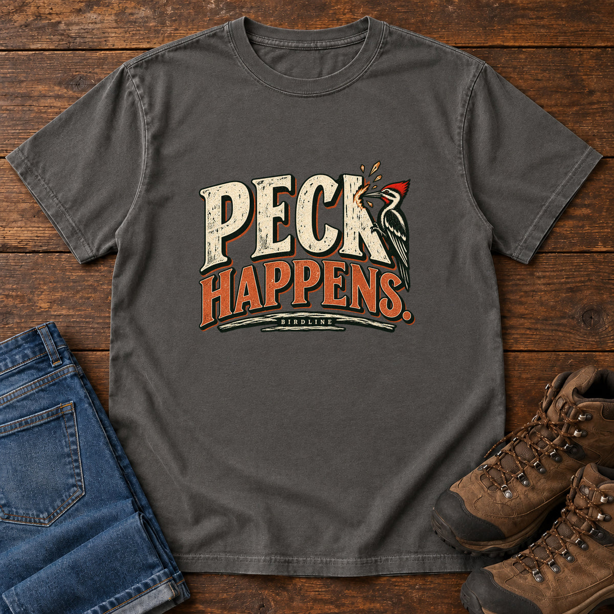 Pepper Peck Happens. T-Shirt with a red-crested bird pecking at cream and orange slogan lettering; front flat lay on wood.