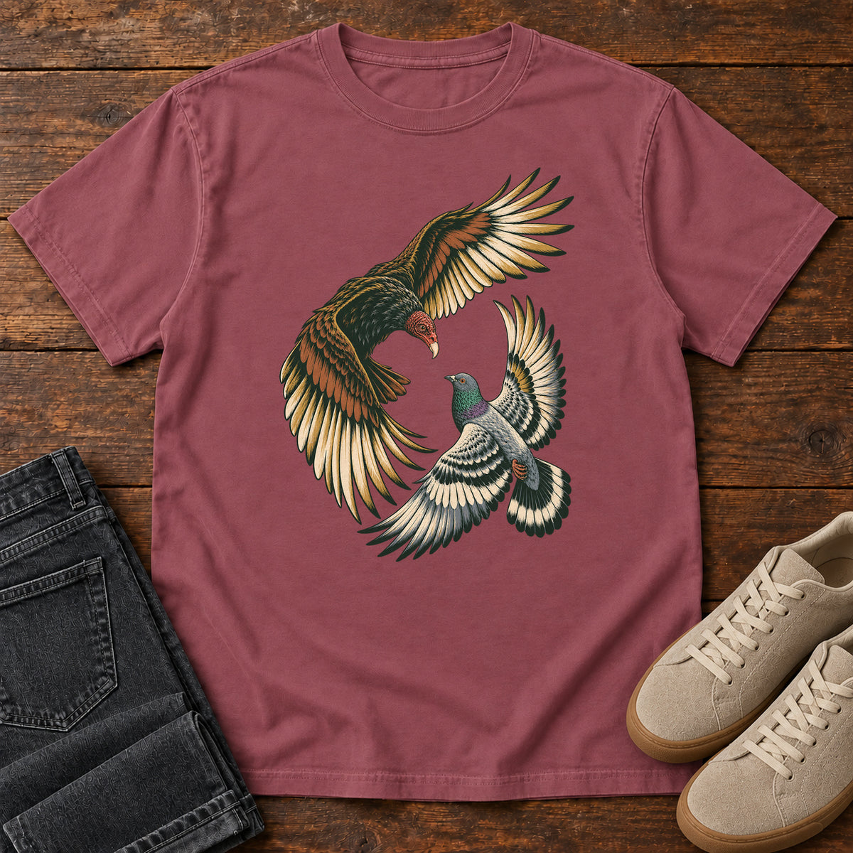 Hawk and Pigeon in Flight T-Shirt in Brick