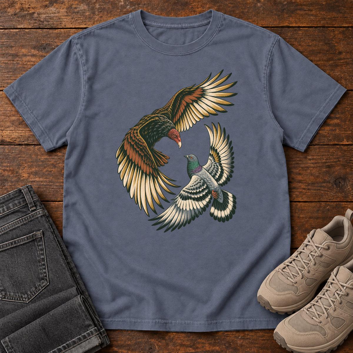 Hawk and Pigeon in Flight T-Shirt in Denim