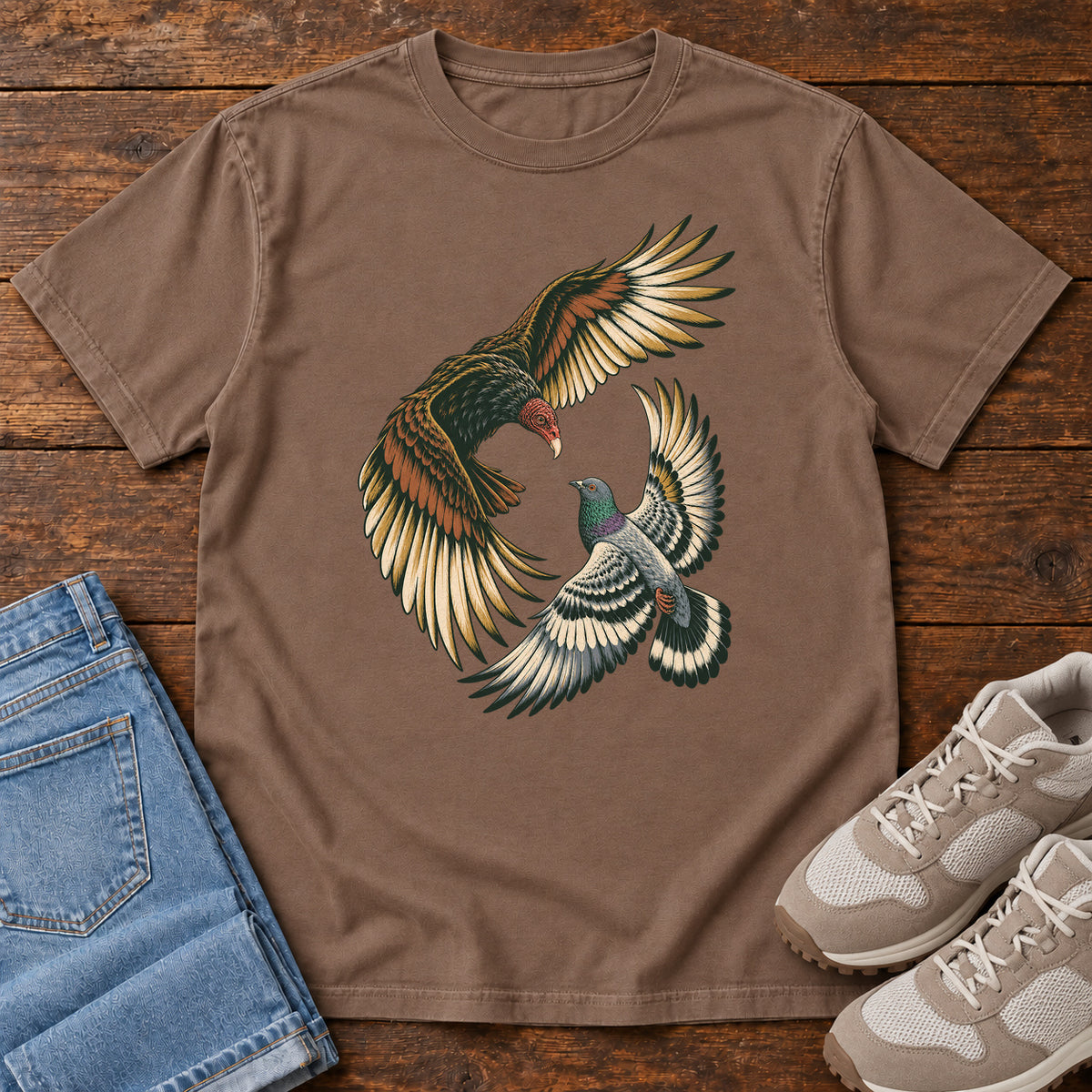 Hawk and Pigeon in Flight T-Shirt in Espresso