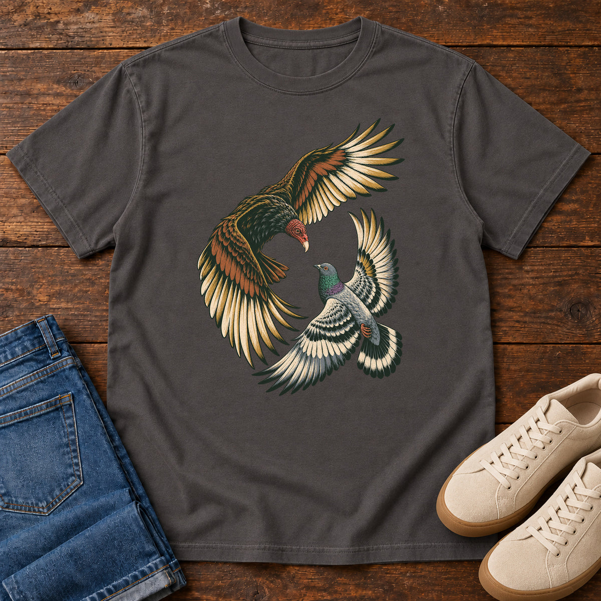 Hawk and Pigeon in Flight T-Shirt in Graphite
