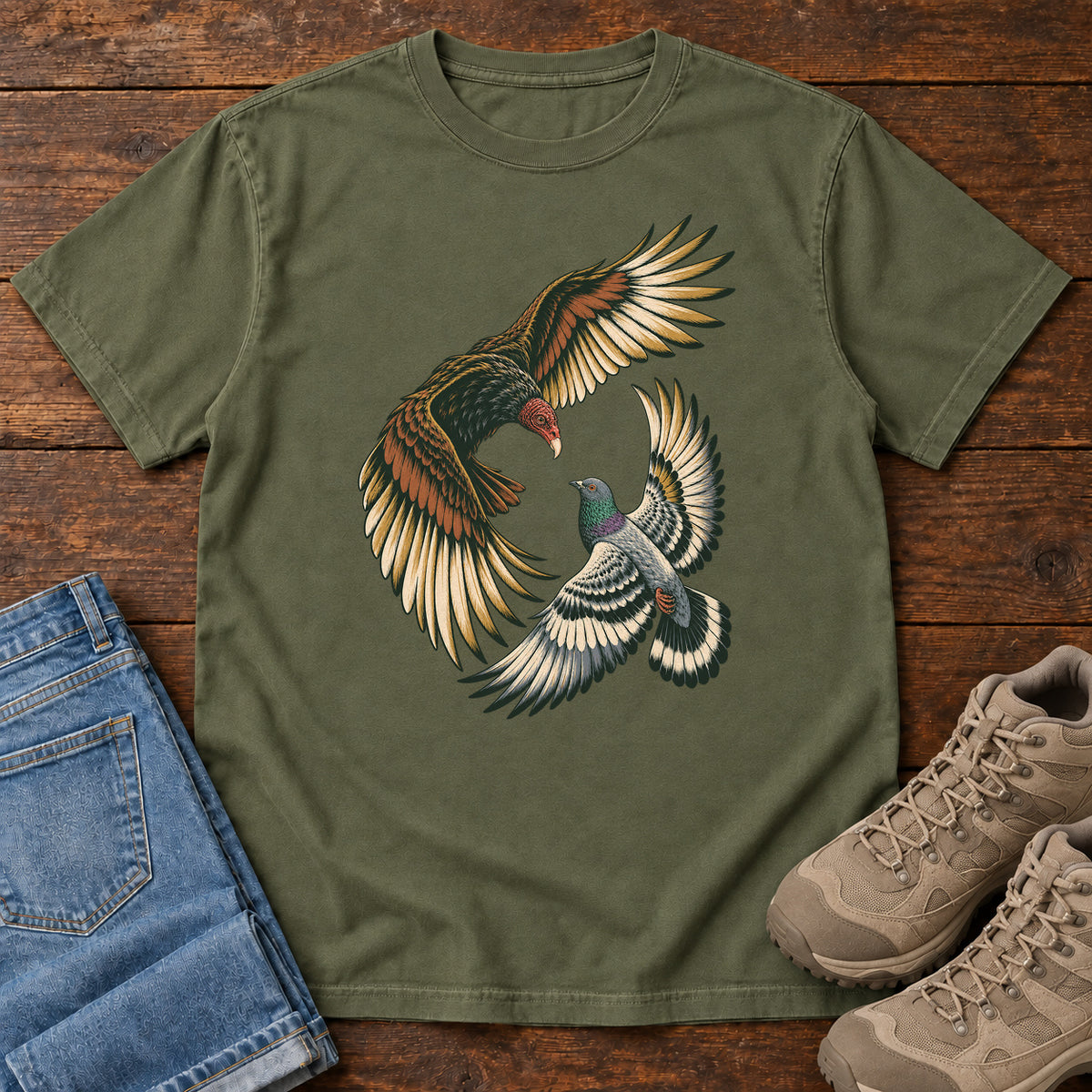 Hawk and Pigeon in Flight T-Shirt in Hemp