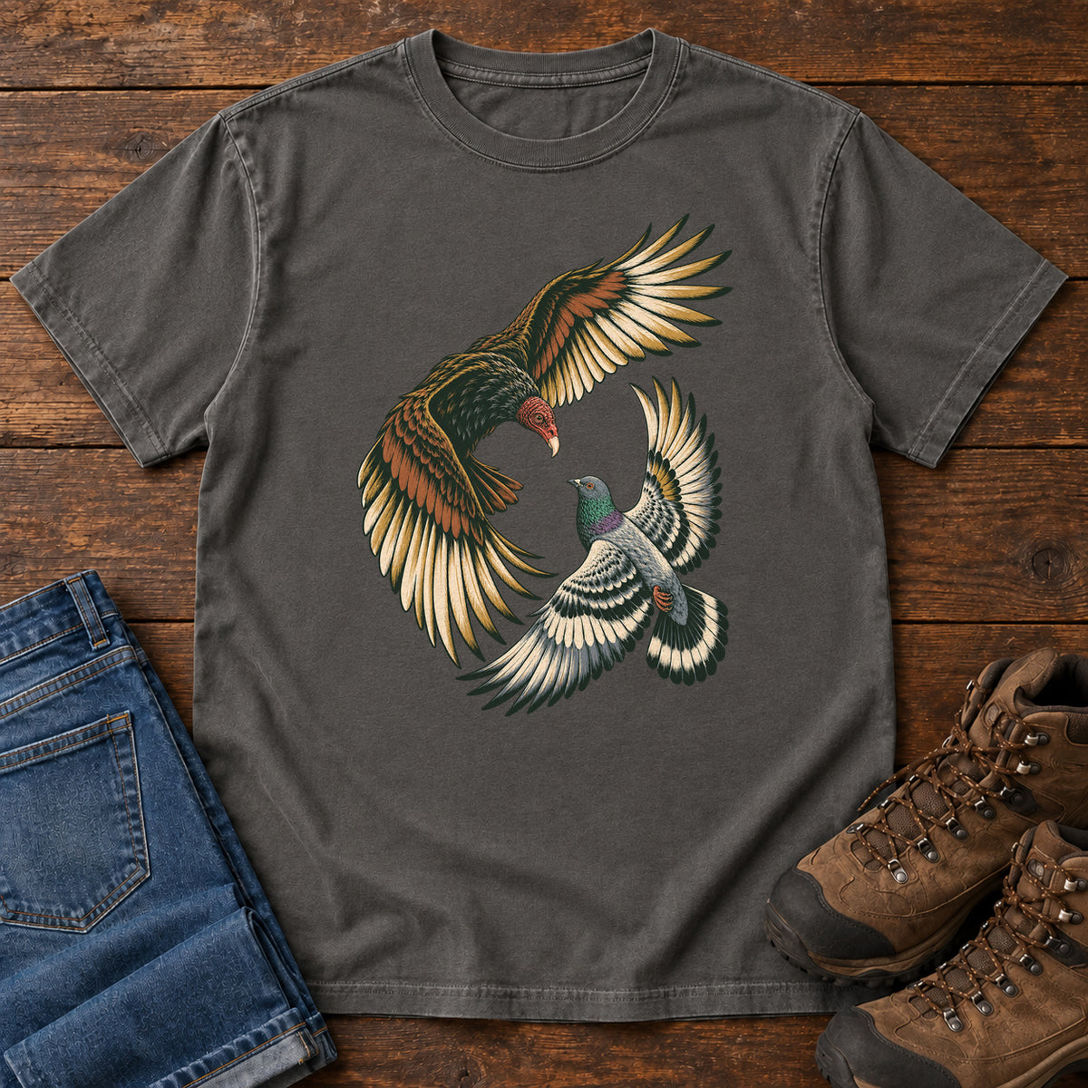 Hawk and Pigeon in Flight T-Shirt in Pepper