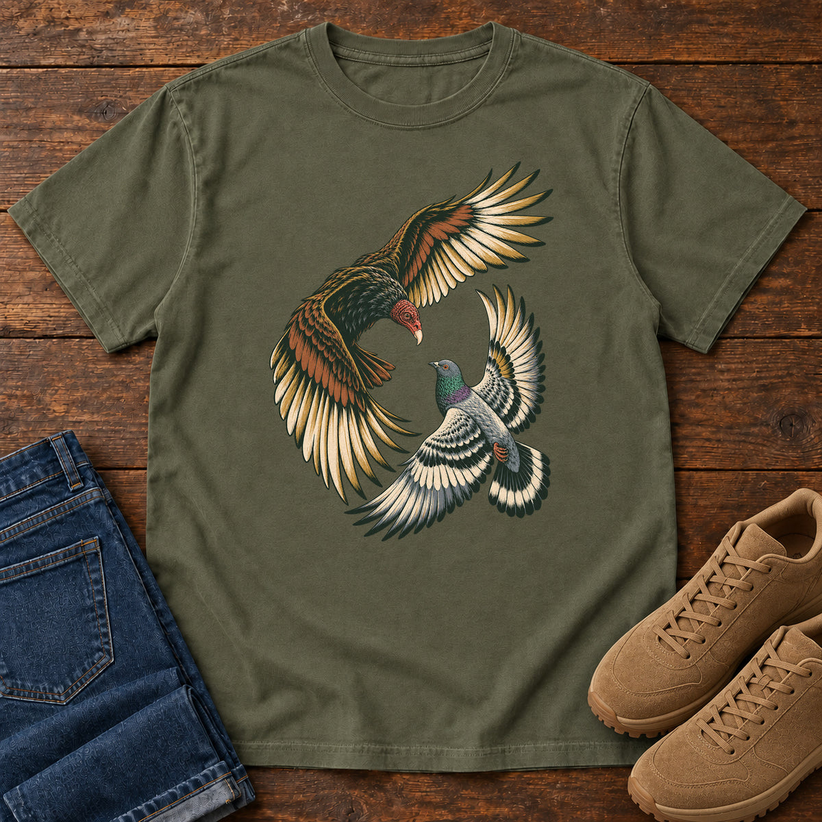 Hawk and Pigeon in Flight T-Shirt in Sage