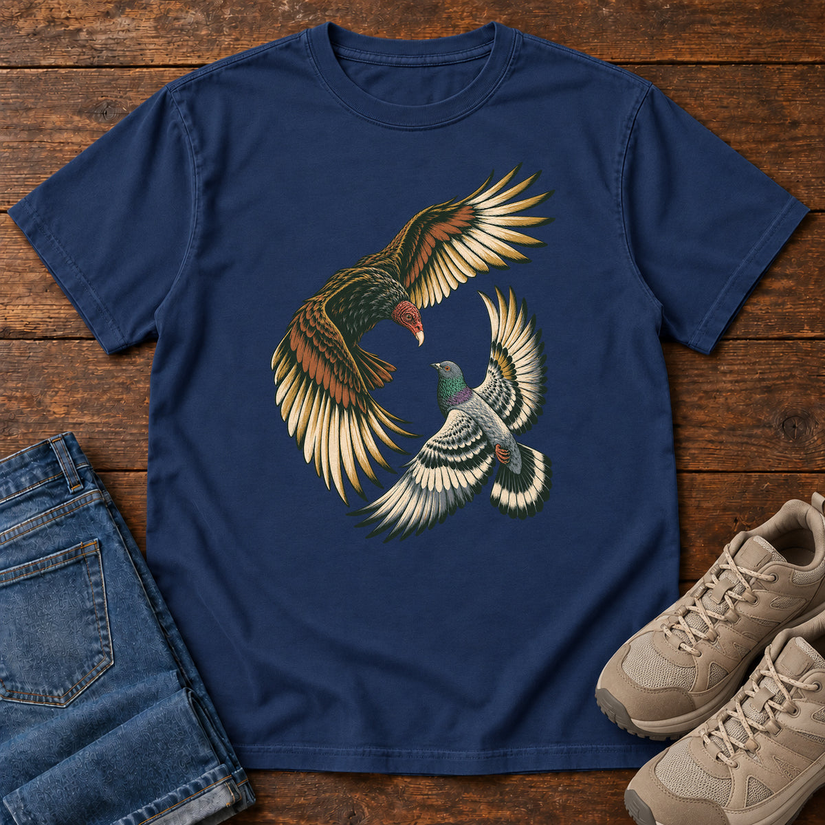 Hawk and Pigeon in Flight T-Shirt in True Navy