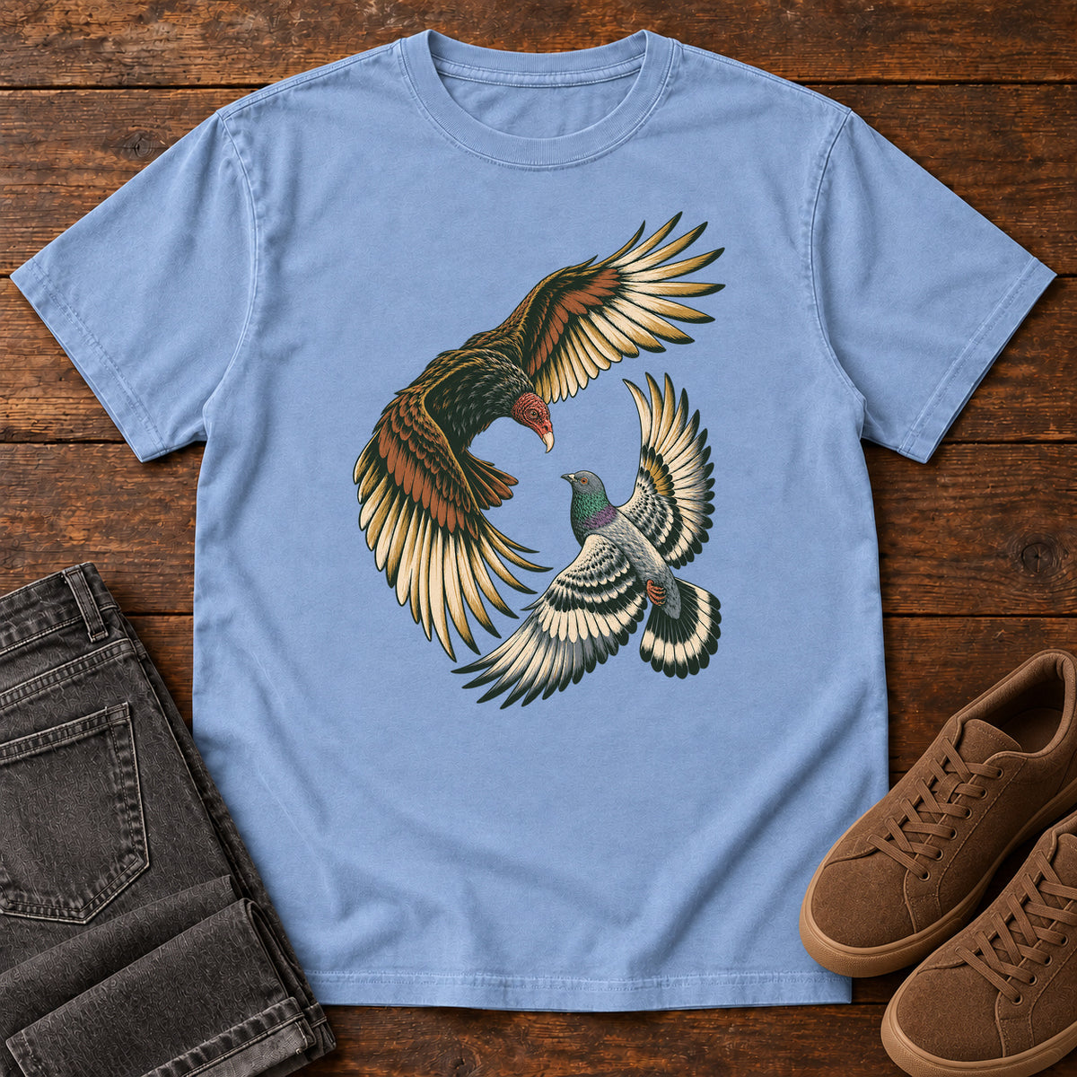 Hawk and Pigeon in Flight T-Shirt in Washed Denim