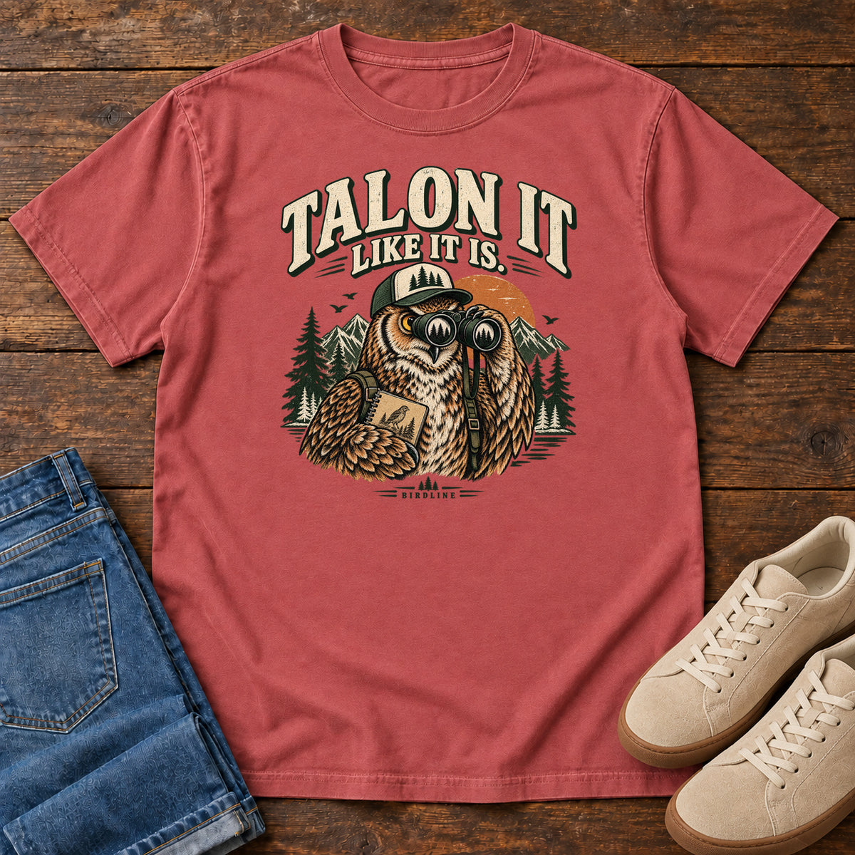 Crimson Talon It Like It Is. T-Shirt with an owl wearing a cap, looking through binoculars and holding a field notebook; front flat lay on wood.