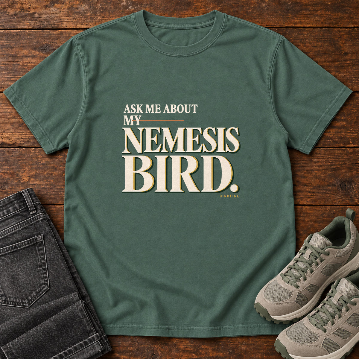 Ask Me About My Nemesis Bird T-Shirt in Blue Spruce