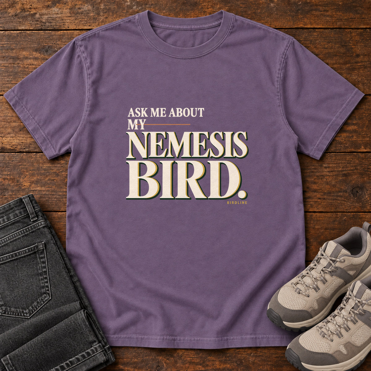 Ask Me About My Nemesis Bird T-Shirt in Grape