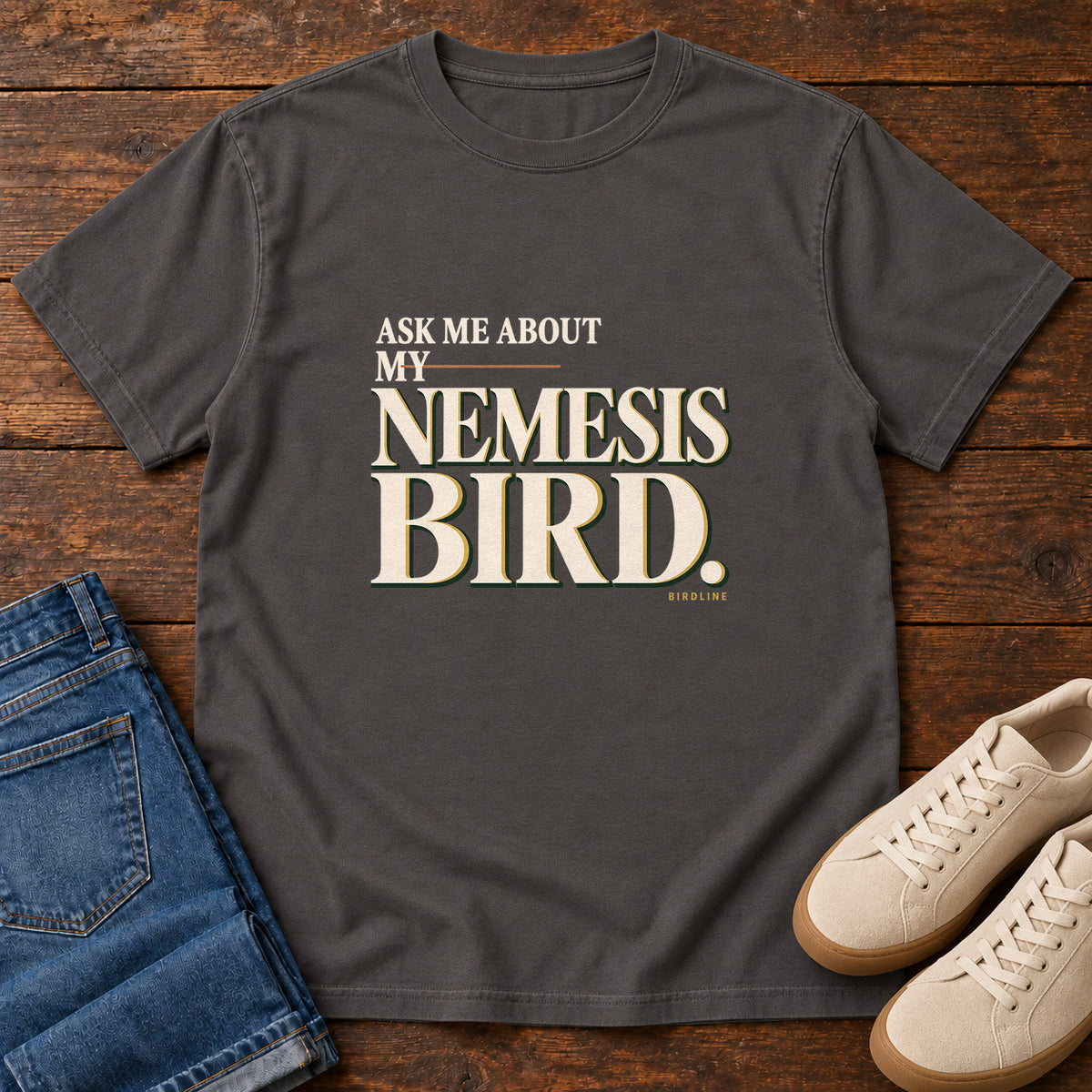 Ask Me About My Nemesis Bird T-Shirt in Graphite