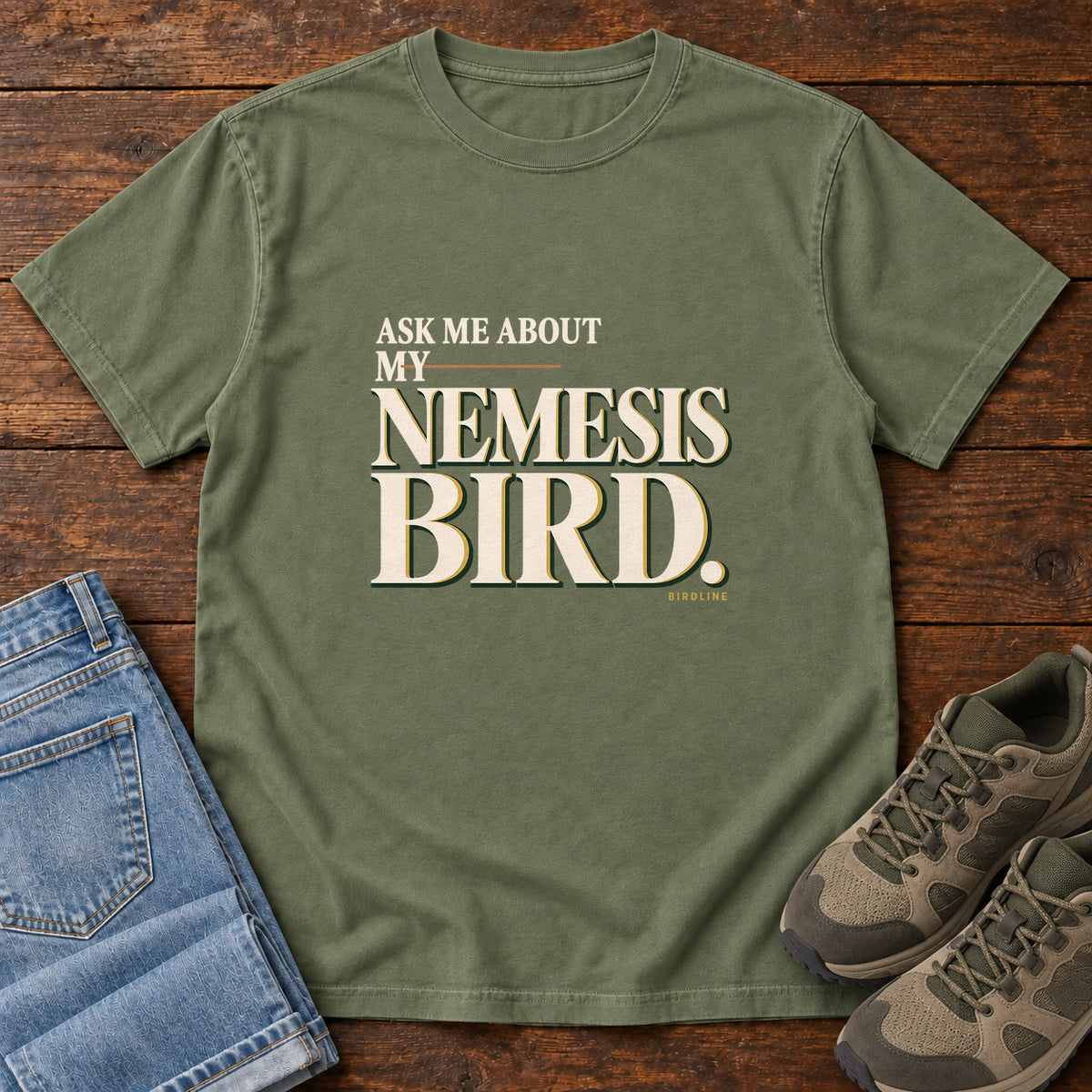 Ask Me About My Nemesis Bird T-Shirt in Moss