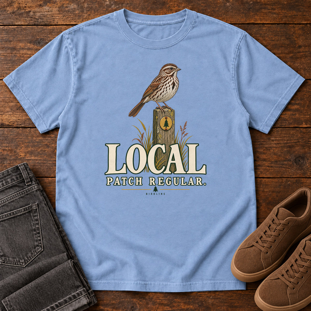 Local Patch Regular Sparrow T-Shirt in Washed Denim