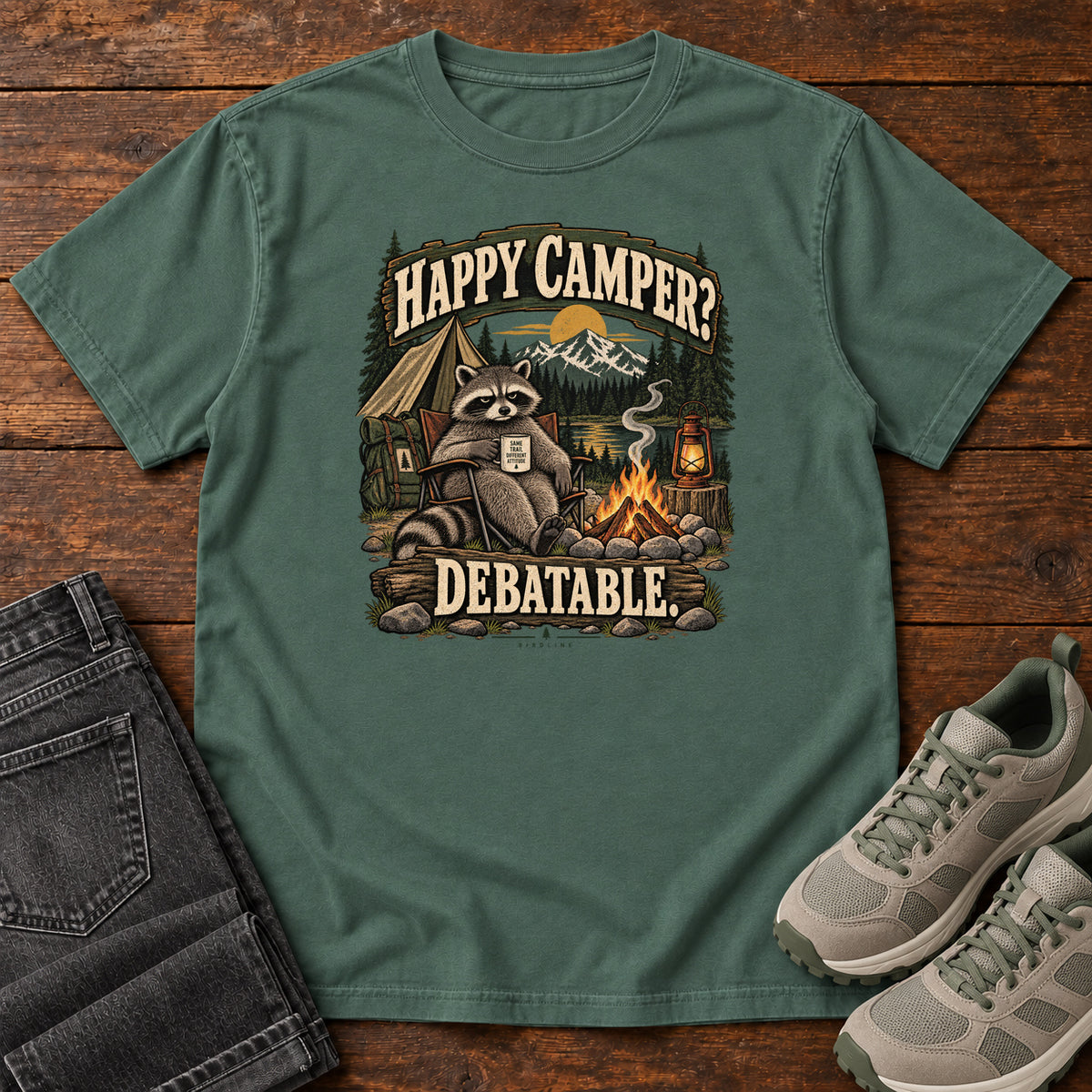 Blue Spruce Happy Camper Debatable T-Shirt with a raccoon holding a mug beside a campfire, tent and lantern, front flat lay on wood.