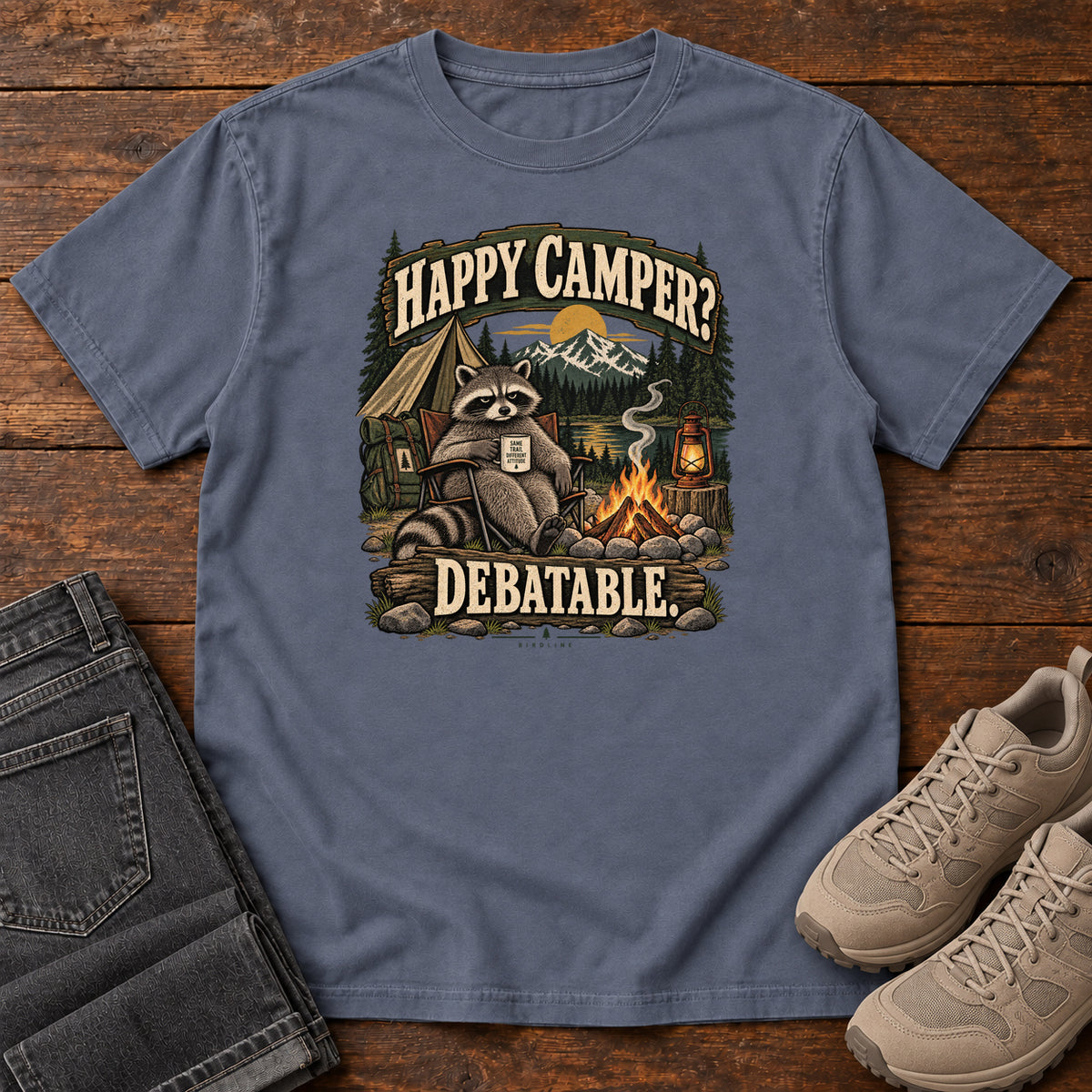 Denim Happy Camper Debatable T-Shirt with a raccoon holding a mug beside a campfire, tent and lantern, front flat lay on wood.