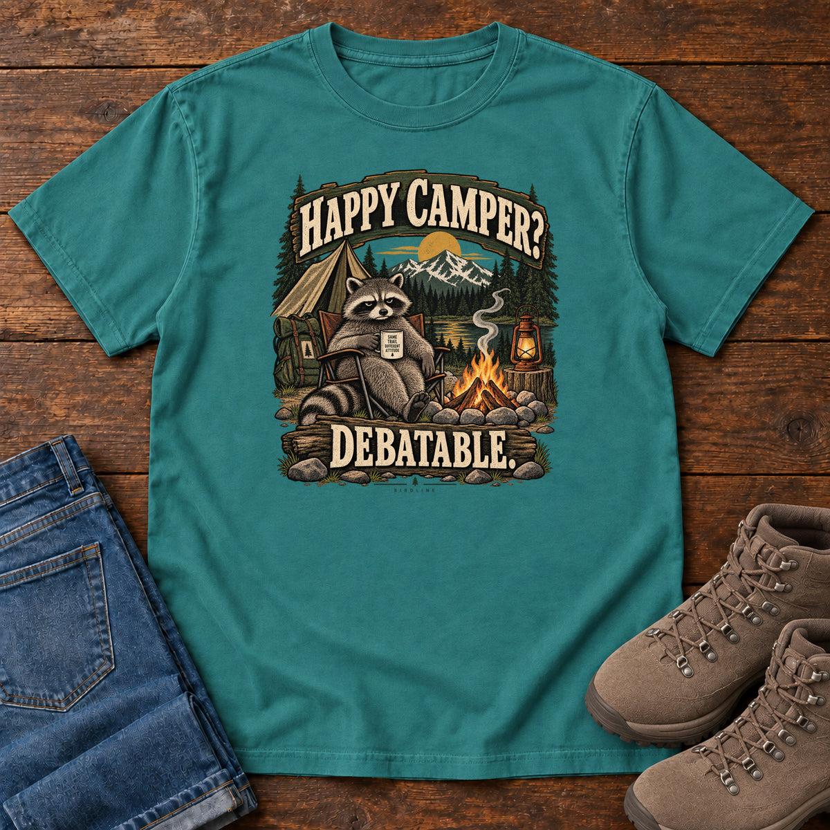 Emerald Happy Camper Debatable T-Shirt with a raccoon holding a mug beside a campfire, tent and lantern, front flat lay on wood.
